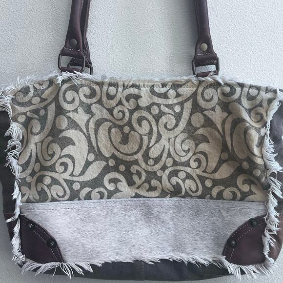 Myra Hairon Leather Canvas Leaf Print Western Boho Small Handbag Boho - Picture 11 of 12